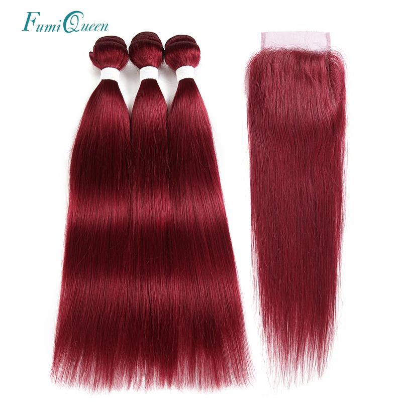 

Ali Fumi Queen Hair Pre -colored BURG# Brazilian Hair 3 Bundles With 1 Closure Straight Human Hair Weave Bundles Remy Hair
