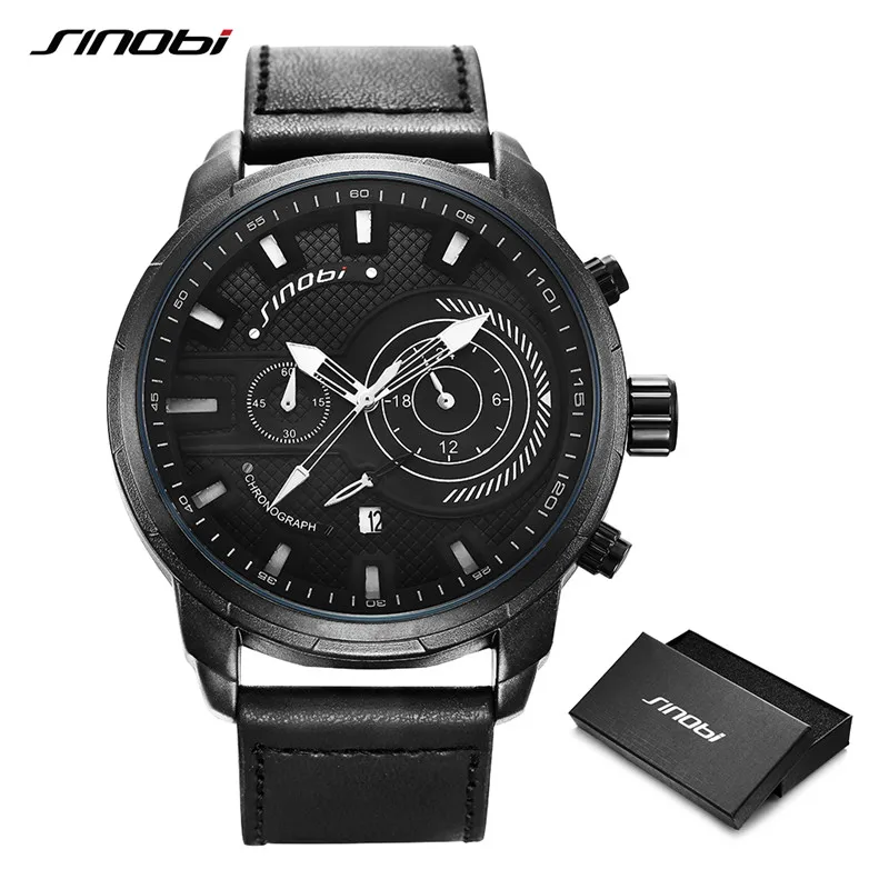 Мужские часы SINOBI от топ бренда класса люкс водонепроницаемые светящиеся японские кварцевые наручные часы мужские модные кожаные спортивные часы мужские часы - Цвет: Black