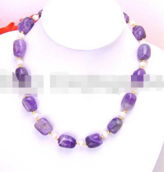 

0002052 SALE Big 12*16mm Baroque Purple natural Amethyst & white pearl 18" necklace