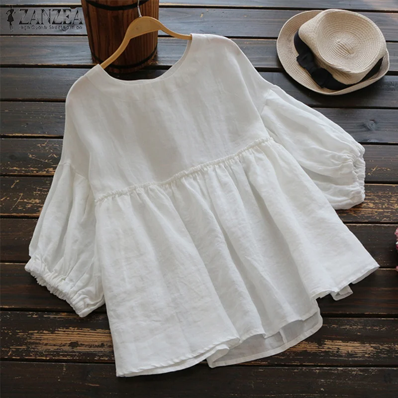 Tanie 2018 Lato ZANZEA Kobiety O Neck Lantern Rękaw Cotton Linen Koszule Casual Solidna Loose Pracuj Bluzka Party Wzburzyć Top Plus rozmiar