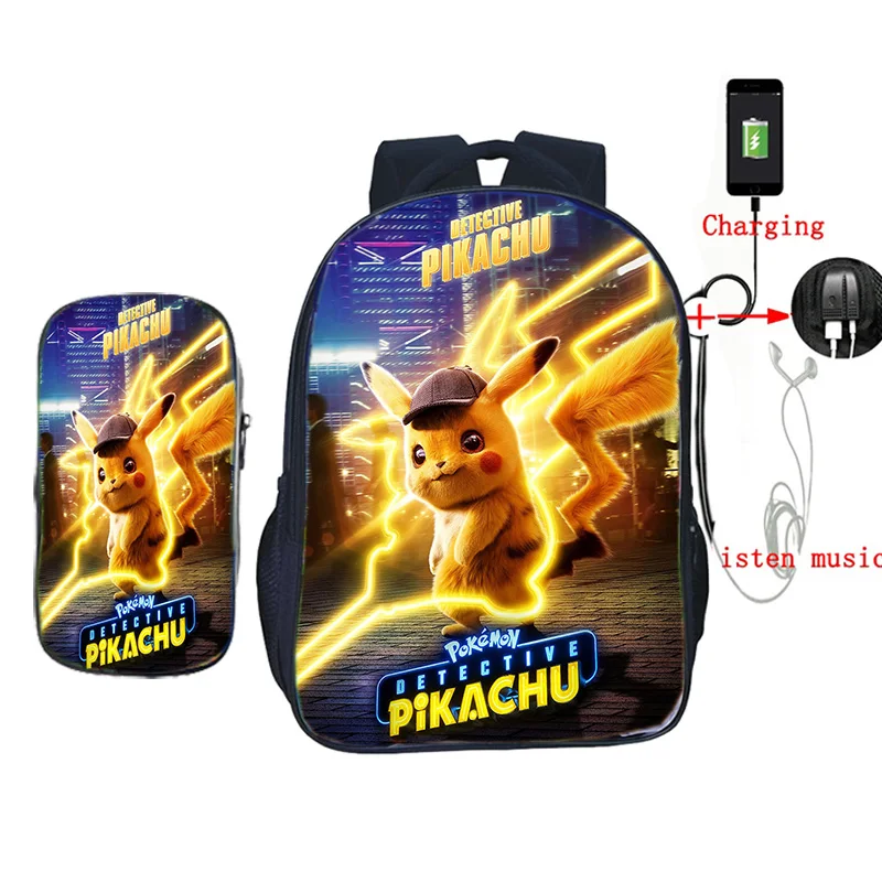 Рюкзак Pokemon Detective Pikachu с USB зарядкой, школьные рюкзаки для подростков, мальчиков и девочек, Mochila, детский дорожный рюкзак с пеналом