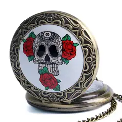 Бронза череп с розами кварцевые карманные часы с Цепочки и ожерелья Цепь для Для мужчин Для женщин Рождество Подарки на Новый год