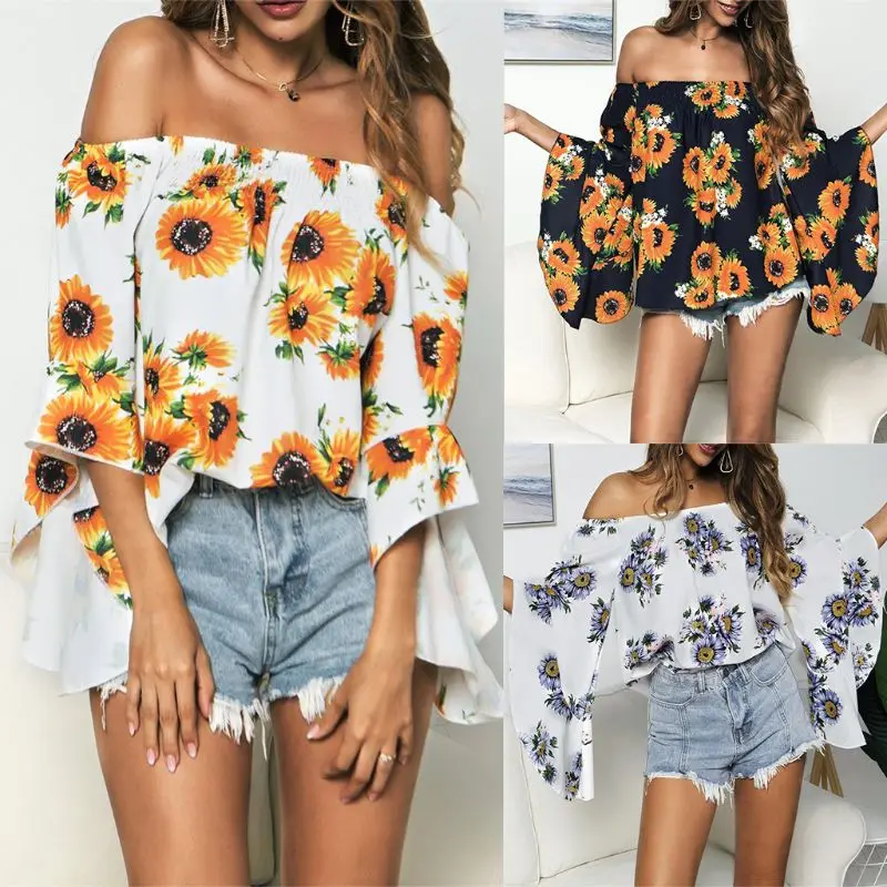 

2019 New Arrival Women Off Shoulder Shirts Sunflower Print Summer Holiday Tops Lady Casual Three Quarter Flared Sleeve Blouse