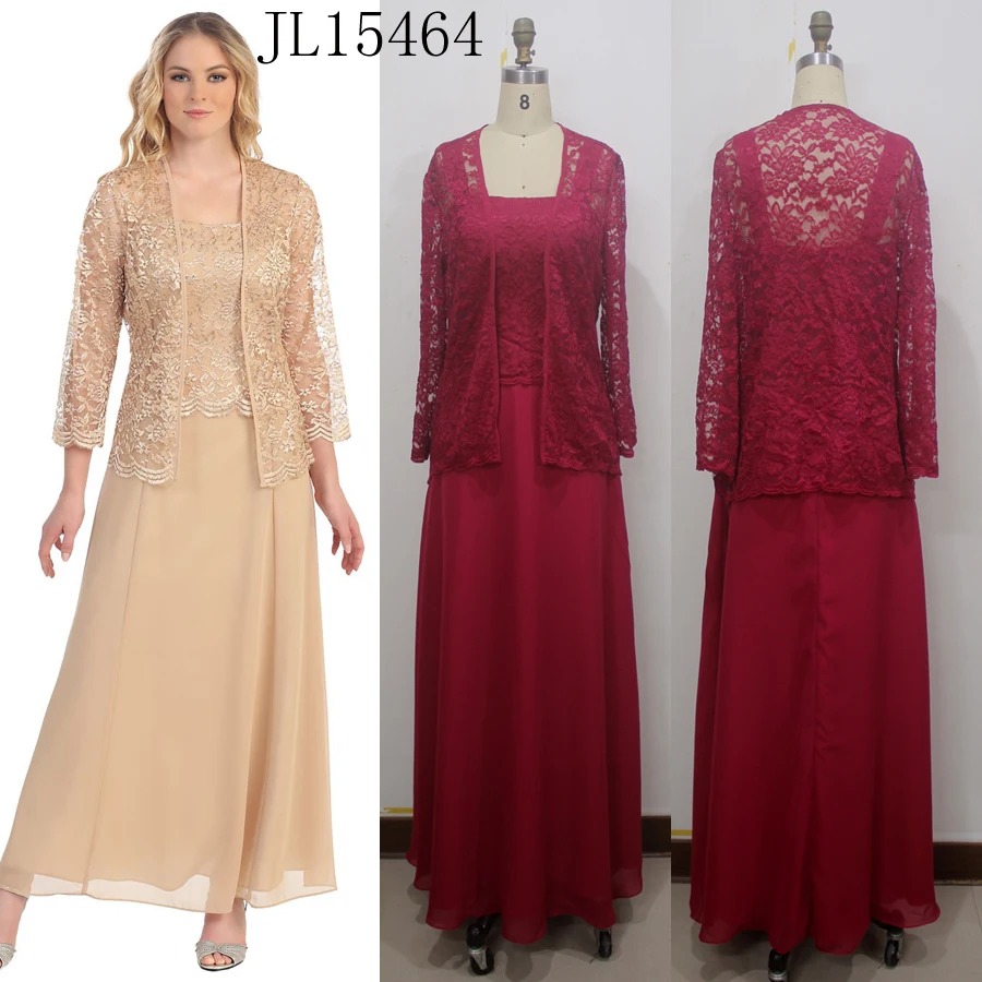 Burgundy Mother of the Bride Dresses with Jacket Lace Sleeves Chiffon