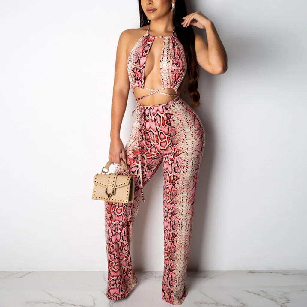 

Women Summer Sexy Sleeveless Casual Snack Print Cross Vest Top Long Pants Set Two Pieces Sets Classic fashion personality