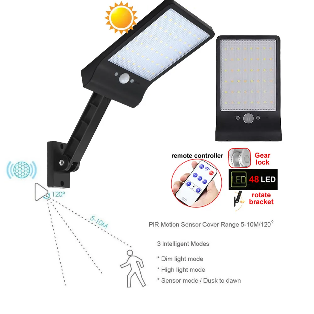 Новейший 48 Светодиодный Солнечный свет Открытый водонепроницаемый светодиодный светильник охранное освещение настенные бра с rotable Pole для