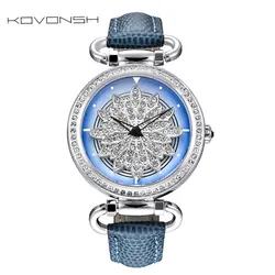 KOVONSH 360 градусов вращения циферблат роскошные кожаные для женщин часы дамские часы с бриллиантами модное платье кварцевые наручные часы