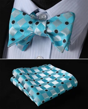 

BC4013Q Aqua Blue Black Check 100%Silk Jacquard Woven Men Butterfly Bow Tie BowTie Pocket Square Handkerchief Hanky Suit Set