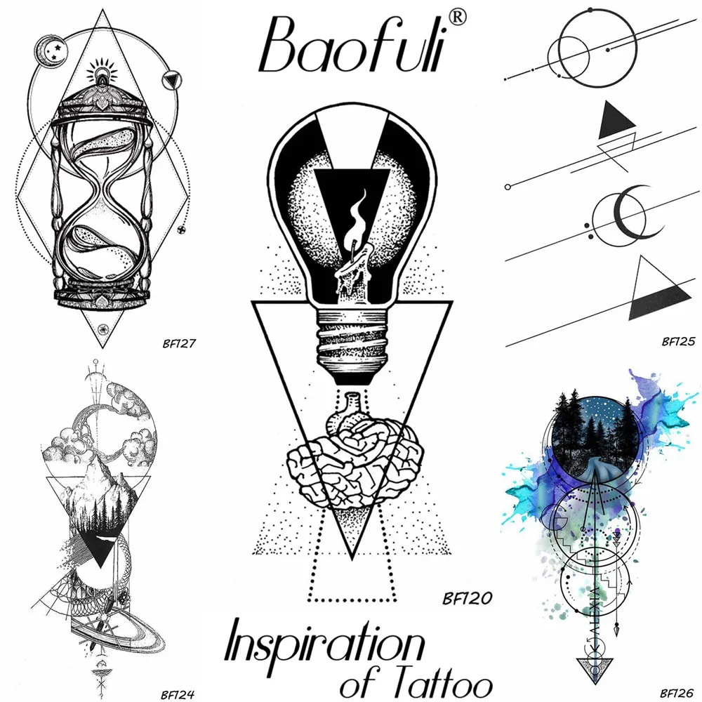 

Men Creative Body Art Temporary Tattoo Bulb Candle Brain Geometric Triangle Tatoos Long Chains Waterproof Black Tattoo Stickers