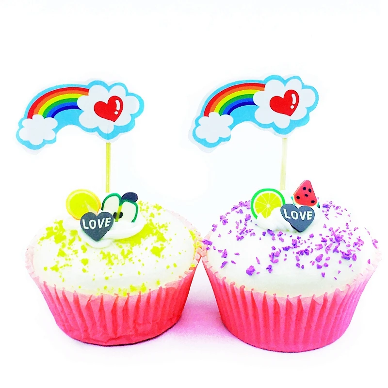 24pcs Multicolor Rainbow White Cloud Red Love Heart Cupcake Topper