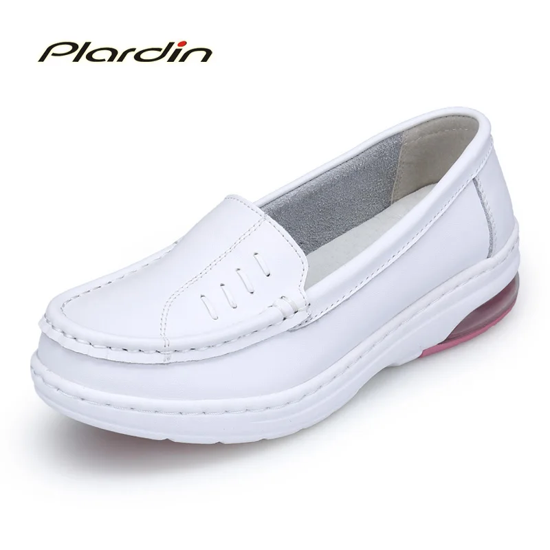 

plardin 2017 Four Seasons Woman Pure white Nurse shoes women Platform soft Sewing Comfortable Air cushion casual genuine shoes