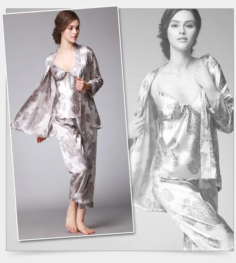 SSH008 женский атласный Шелковый пижамный комплект из 3 предметов, одежда для сна с длинными рукавами, домашняя одежда, женская ночная рубашка, весенне-осенняя Ночная Пижама