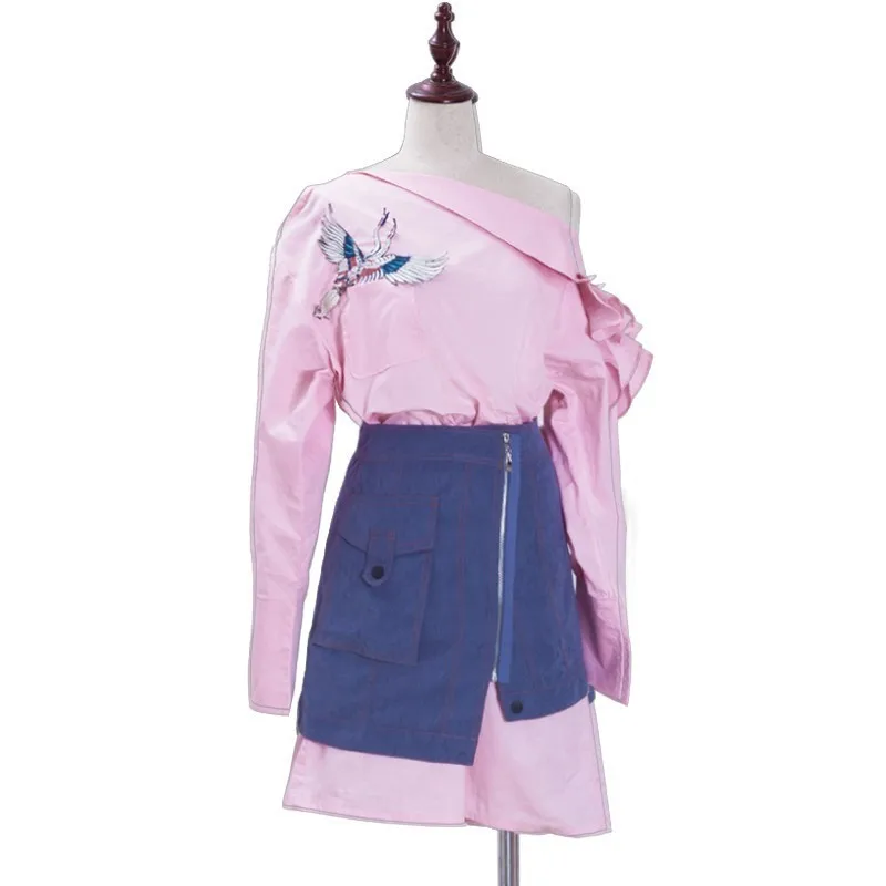 TWOTWINSTYLE, комплект из двух предметов для женщин, вышивка, с открытыми плечами, с оборками, с длинным рукавом, мини-платье с завышенной талией, асимметричная юбка
