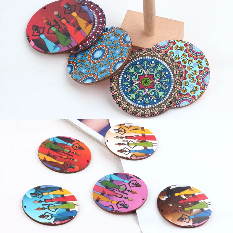 

National style 30pcs/lot color flowers/girls pattern printing geometry rounds shape wood beads diy jewelry earrings pendants