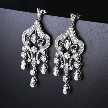 

Luxury Wedding Earrings Real 925 Sterling Silver White Zircon Drop Dangle Earrings for Women Fine Jewelry Royal Vintage Style