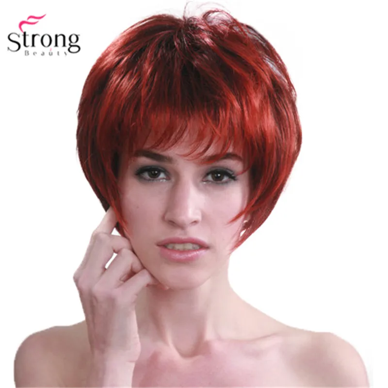 

StrongBeauty Red mix Black Short Soft Layered Shag Full Synthetic Wig for Women