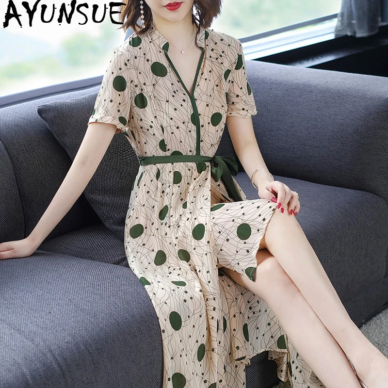 100% шелк летнее платье Для женщин Элегантный Boho пляжное мода горошек длинные