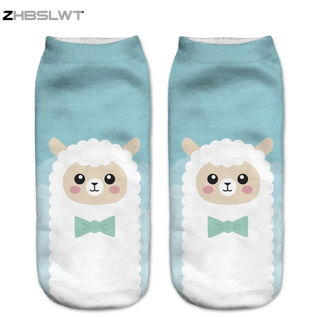 ZHBSLWT 3D Printed Women Socks New Unisex Cute Low Cut Ankle Socks Blue Cartoon Alpaca Women's Casual Socks Animal Shape