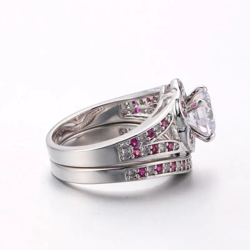 Double Fair Geometric Flower Crystal Rings For Women Engagement Ring Set White Gold Copper Jewelry DFYG014