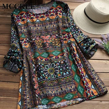 

Women's Print Long Sleeve O-Neck Blouse Cotton Linen Tops 2020 Spring Female Blouses Boho Vintage Shirt Ladies Plus Size 5XL
