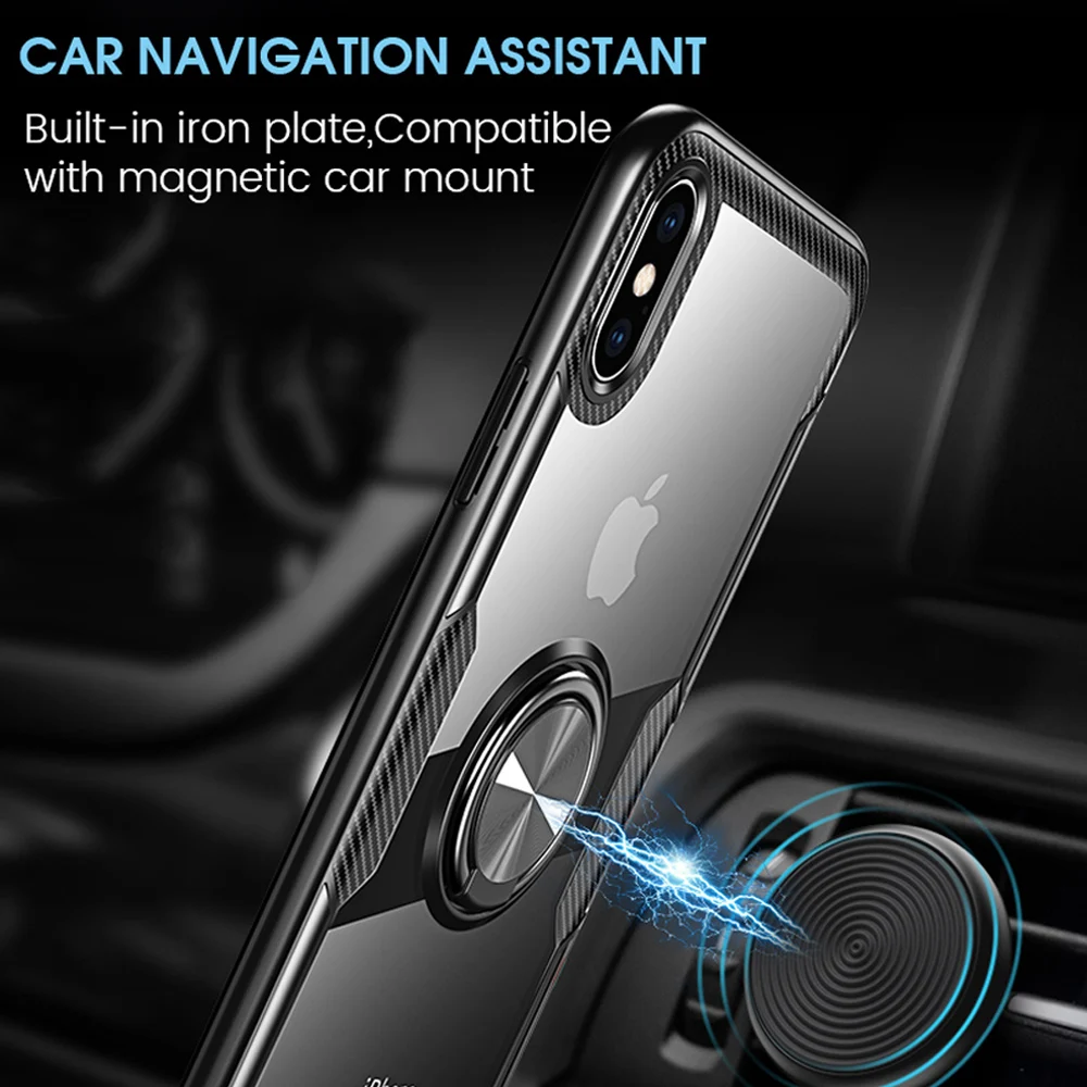 

Car Ring Holder Case For iPhone 6 6s 7 8 plus Carbon Fiber Transparent Shockproof Phone Cases For iPhone x xr xs xsmax Cover