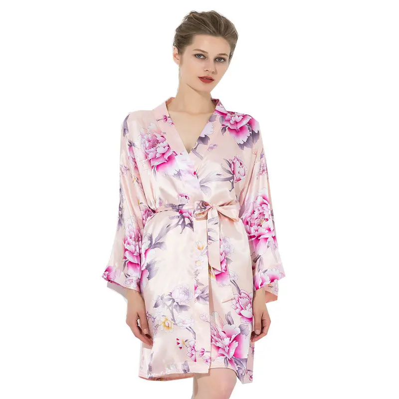 YUXINBRIDAL халаты с цветочным принтом цветочный атласный Шелковый Свадебный невесты кимоно для невесты Халаты вечерние халат атласный - Цвет: blush