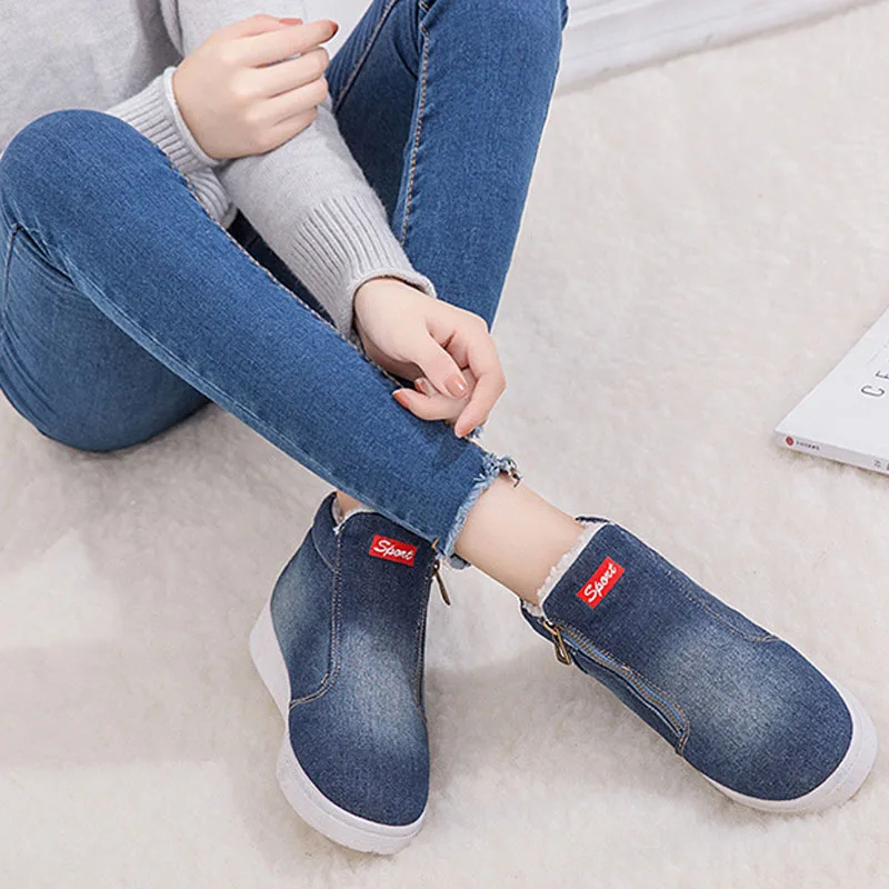 

Tangnest Women Canvas Platform Shoes Casual Zipper Ankle Boots Denim Flats Shoes Heel Height Increasing Walking Shoes XWX7233