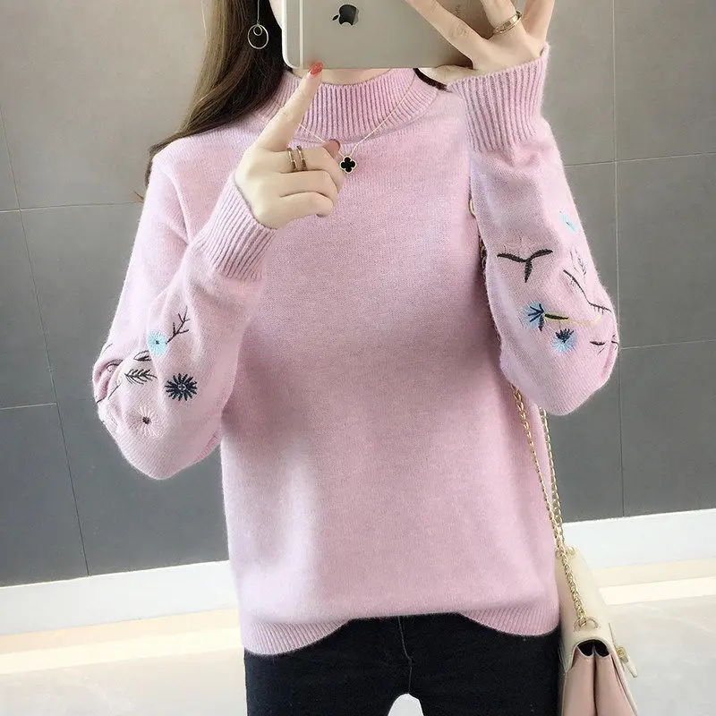 PEONFLY пуловеры для женщин водолазка вязаный джемпер одежда женский корейский стиль вышивка цветок Свободный Повседневный свитер топы уличные - Color: Pink