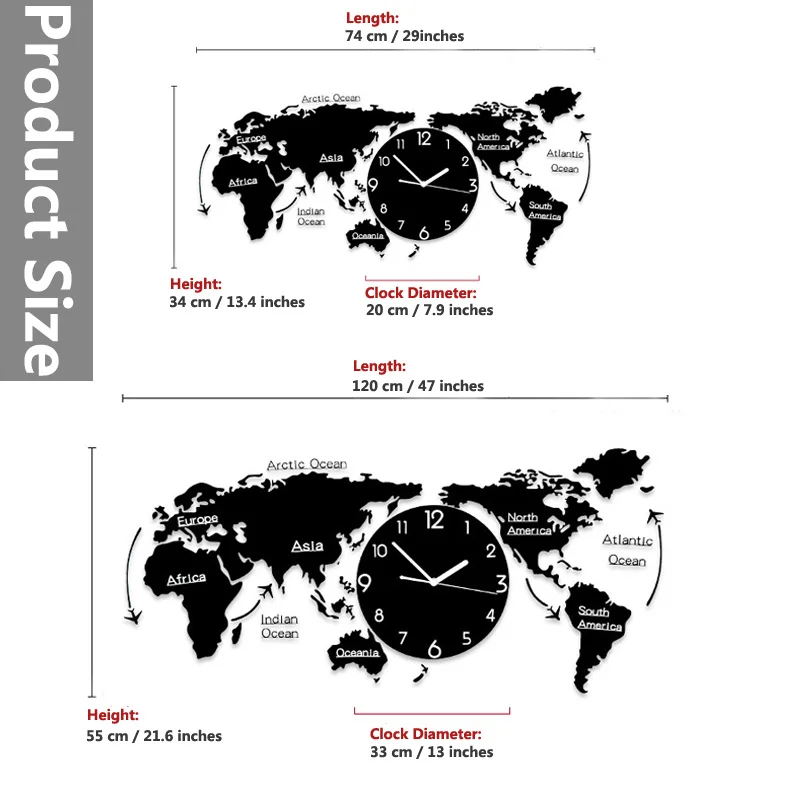 Бесшумные настенные часы с большой картой мира Современный дизайн Акриловые 3D наклейки Подвесные часы светящиеся в темноте часы настенные часы