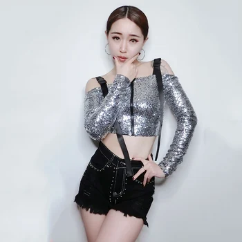 

Silver Jazz Dance Top Women Long Sleeve Hip Hop Rave Clothes Sequin Dj Stage Wear Nightclub Ds Gogo Performance Clothing DC2103