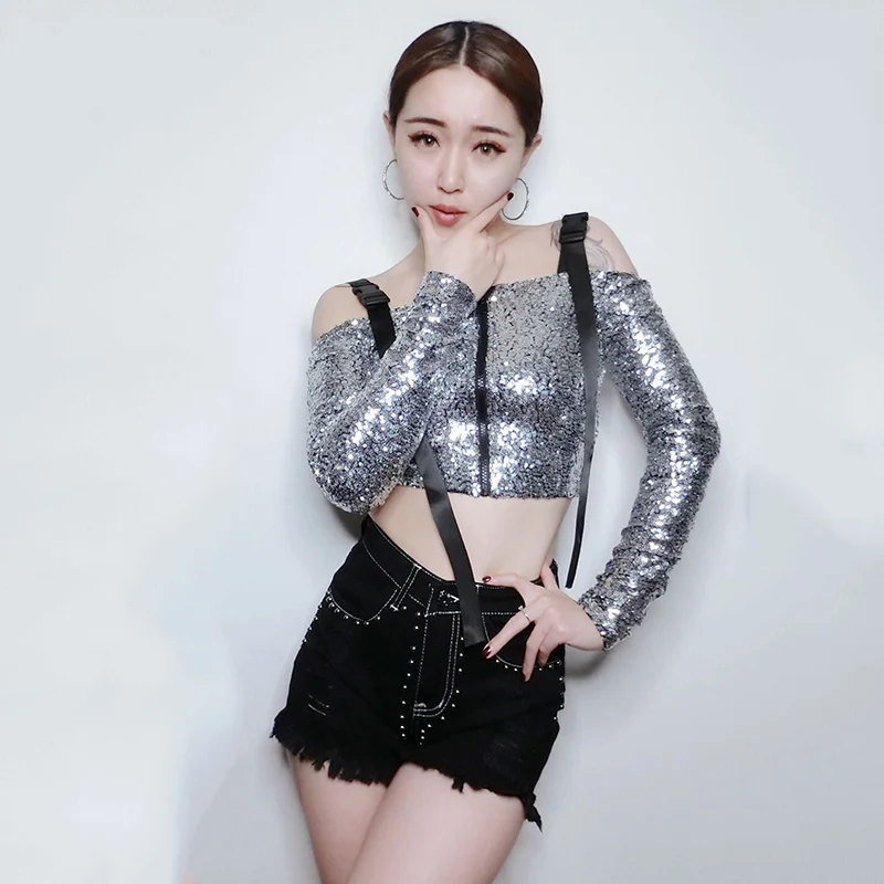 Silver Jazz Dance Top Women Long Sleeve Hip Hop Rave Clothes Sequin Dj Stage Wear Nightclub Ds Gogo