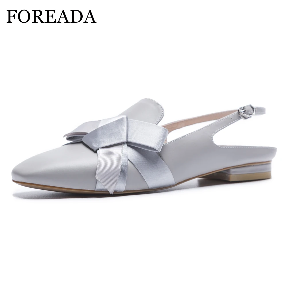 

FOREADA Women Slingbacks Shoes Cow Leather Flats Natural Genuine Leather Bow Flat Shoes Buckle Square Toe Party Shoes Size 3-9