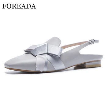 

FOREADA Women Slingbacks Shoes Cow Leather Flats Natural Genuine Leather Bow Flat Shoes Buckle Square Toe Party Shoes Size 3-9