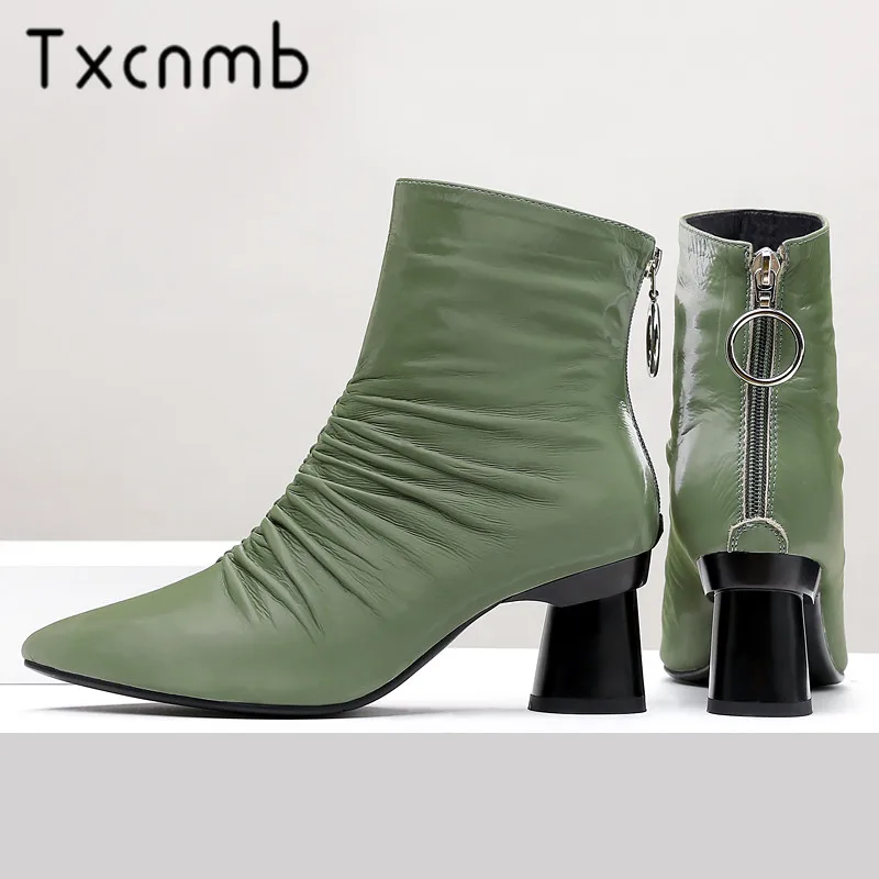 

TXCNMB 2019 Boots Women Ankle Boots for Women Winter Genuine Leather High Heel Shoes Woman Zipper Size 41 42 43
