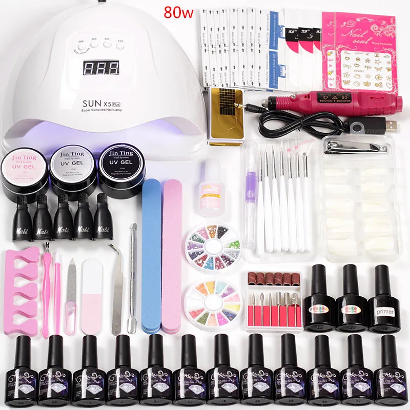 

Nail Extension Kit 48w /80w Led Nail Lamp Set for Manicure Acrylic Nail Kit 12 Color Gel Varnish Polish Builder Poly Gel Set