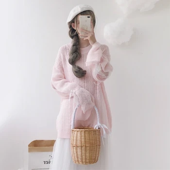 

Women Cute Knitted Sweater Hollow Out Long-Sleeved Pink Sweet Sweaters Mesh Patchwork Bow Lace-up Sweater Knit Jumper Pullovers
