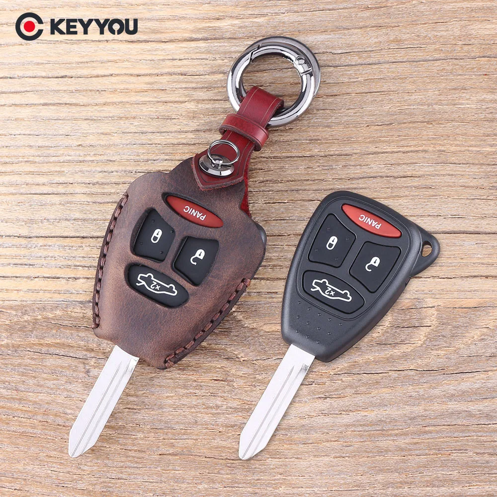 

KEYYOU 4 Button Remote Key Fob Case Shell With Keychain For Chrysler 300 /Aspen /Jeep /For Dodge Leather Key Cover