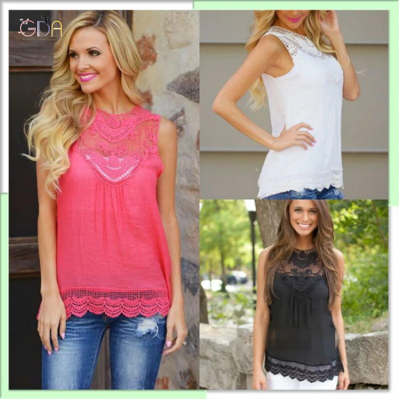 GDA 2016 Summer Women Clothing Chiffon Crochet Lace Vintage font b Shirt b font Sleeveless Florals