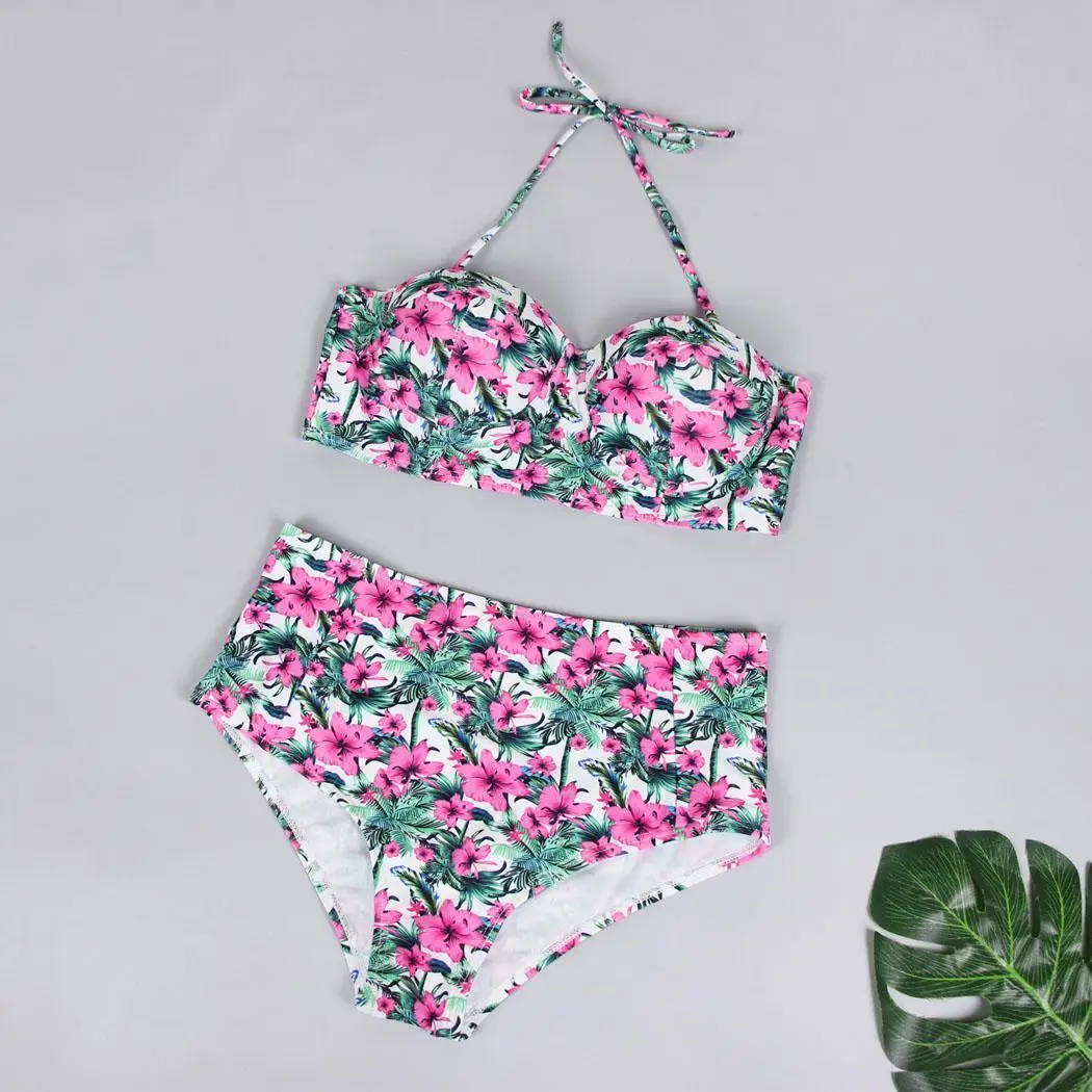 

Women Sexy Halter Neck Sleeveless Print Summer Two Padded Piece Beach, Swimming Pool Bikini 1 Set Swimwear