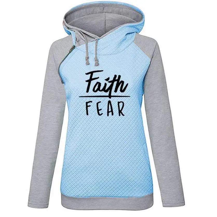 Zipper Decoration Hoodies For Women Faith FEAR Letters Print Hoodies Sweatshirts Kawaii Femmes Printing Pockets Pattern Frauen