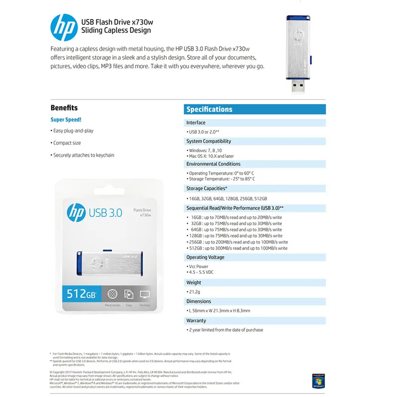 Металлическая USB флеш карта hp 512 ГБ x730w накопитель памяти 300 МБ/с./с Clef usb 3 0 диск на