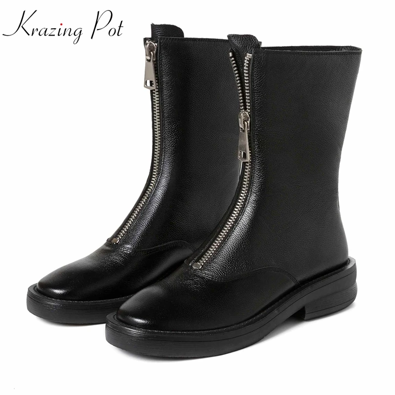 

krazing pot full grain leather new arrivel 2019 med heels Winter round toe the front zipper keep warm fashion mid-calf boots l90