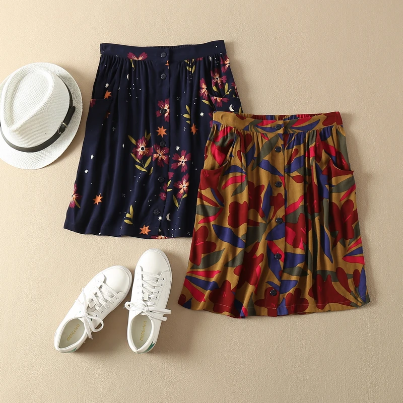

Floral Printing 100% Viscose Single Breasted Pocket Pleated Mini Skirt Two Colors