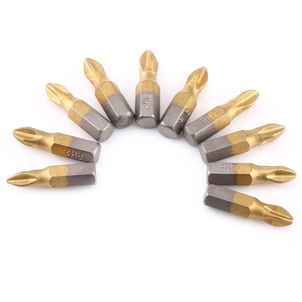 

10Pcs/sets Magnetic Screwdriver Bit Titanium Coated 1/4"Hex Shank PH2 Antislip Screwdriver Bits Set Durable Wholesale
