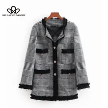 Wonder Новая Осенняя модная винтажная твидовая клетчатая куртка с кисточками осенне-зимняя повседневная тонкая верхняя одежда плотное пальто