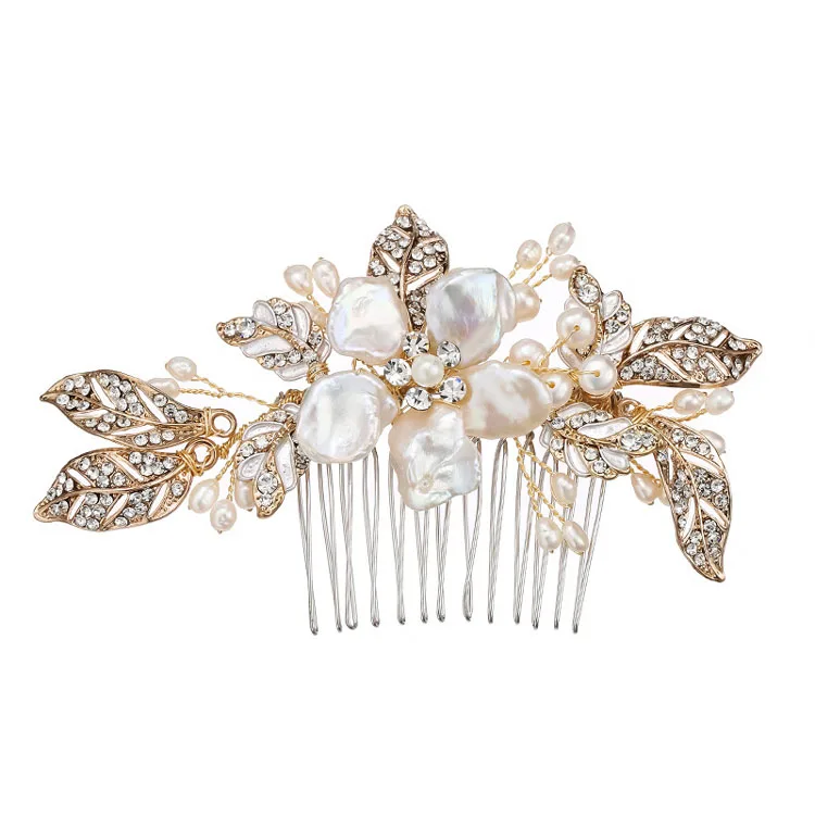 

SLBRIDAL Handmade Wired Rhinestones Crystals Pearls Flower Leaf Wedding Hair Comb Bridal Headpiece Hair Accessories Bridesmaids