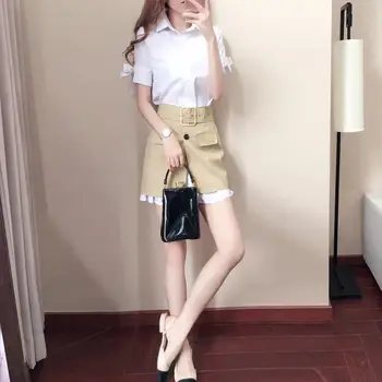 

2019 New Summer Women Single Breasted Long Solid Top Shirt+A Line Sashes Slim Split Skirt Suits Female Fashion 2 Pcs Sets Z498