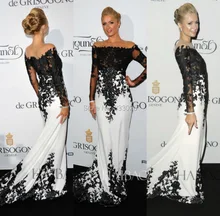 Paris hilton schwarz-weiß-abend kleid langarm abendkleid promi-kleider vestido de festa longo