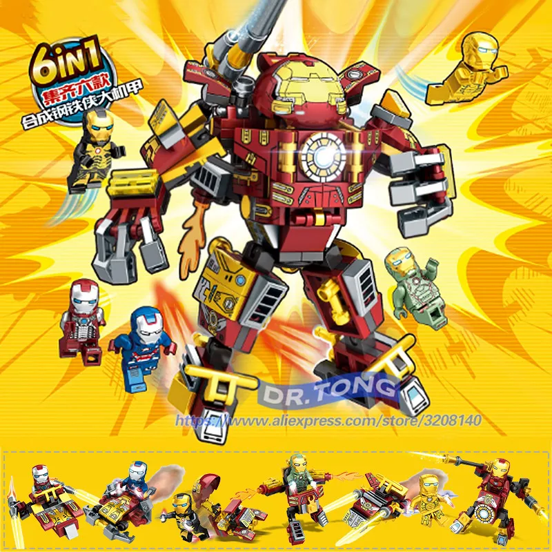 

60PCS/LOT 6 IN 1 LY75098 Super Heroes Avengers Iron Man Action Figure Educational Building Blocks Assembly Dolls Toys Gifts