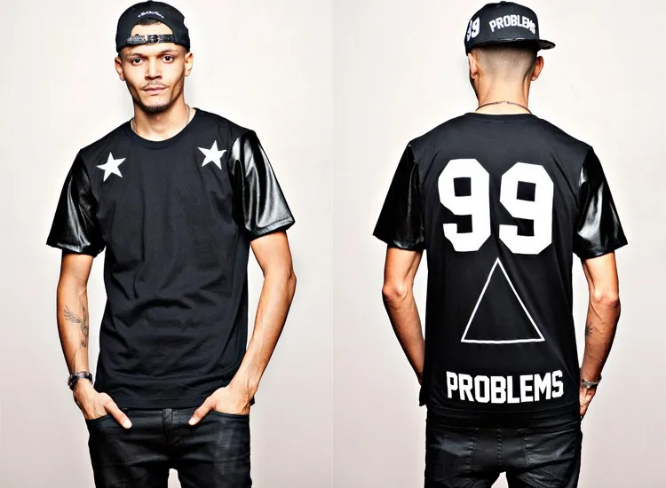 

mens t shirts fashion 2014 problems 99 five-pointed star leather digital neck short sleeve mens leather t shirt